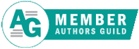 Authors Guild member badge with AG initials in a teal and white logo